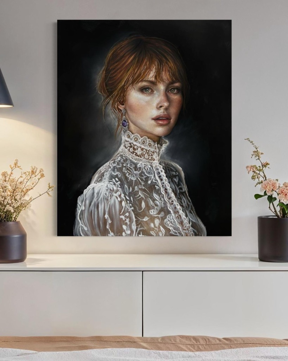 Annabelle portrait — auburn hair, white lace collar and ornate earring