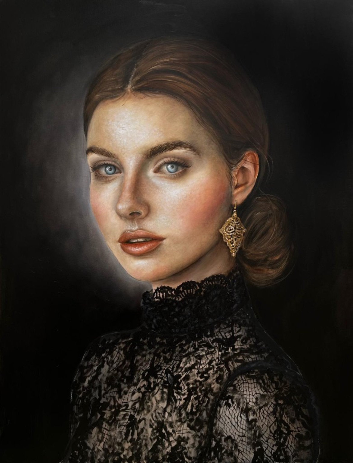 Annabelle portrait — pearl earrings and Victorian white lace