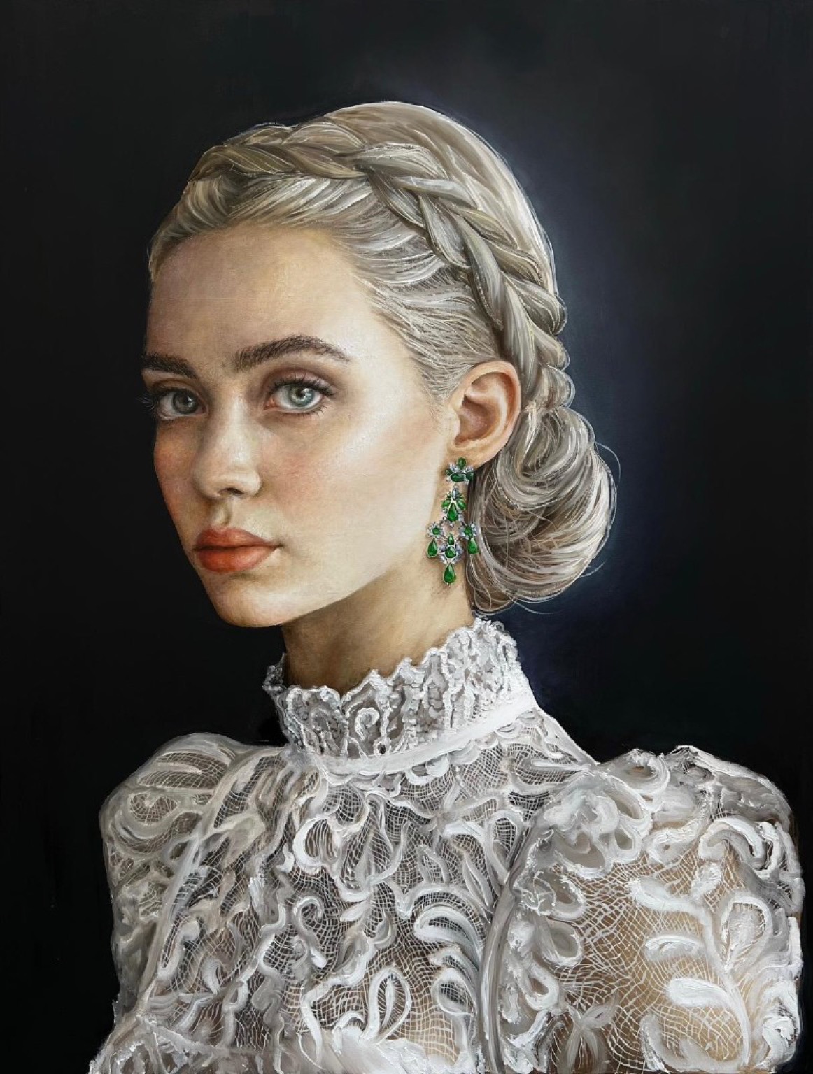 Annabelle portrait — platinum braids and emerald chandelier earrings