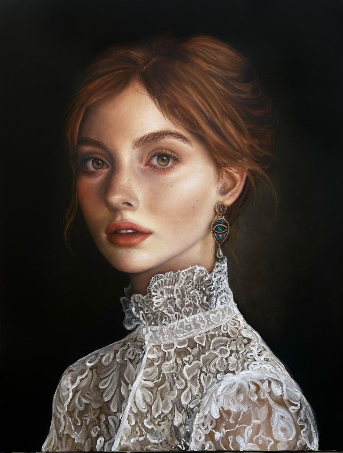 Annabelle portrait — black lace collar and gold filigree earring