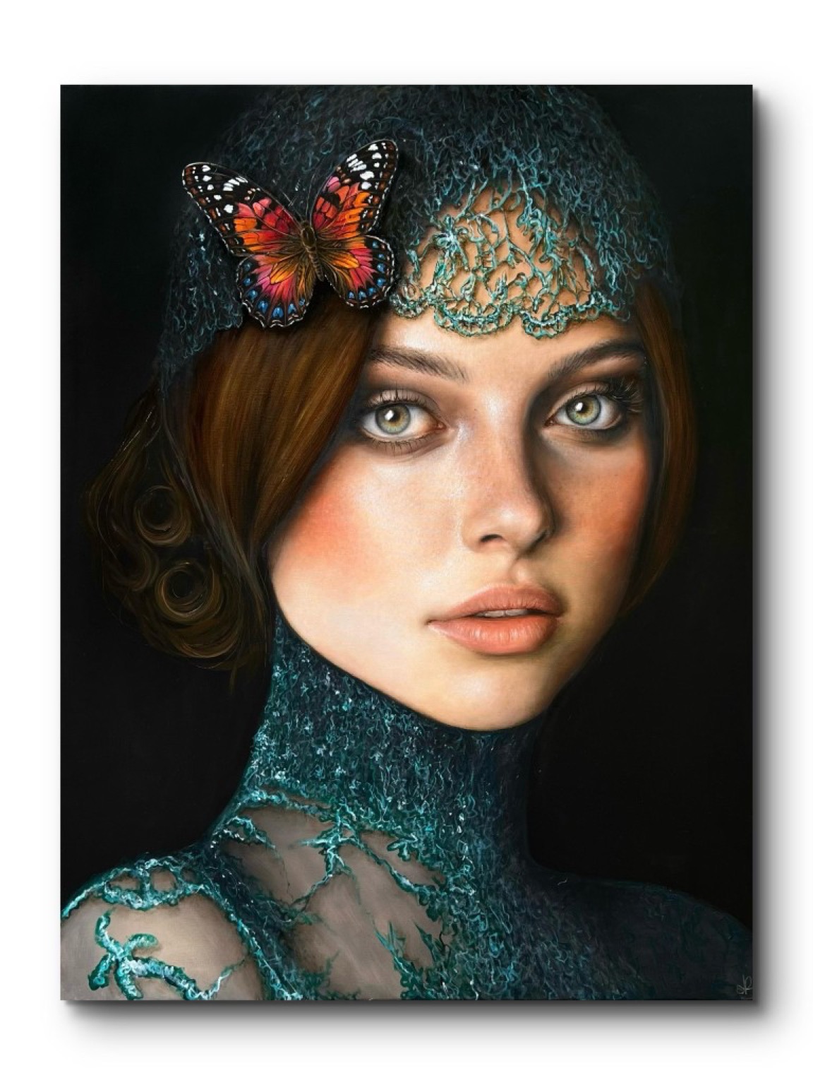Annabelle portrait with monarch butterfly in a bedroom interior