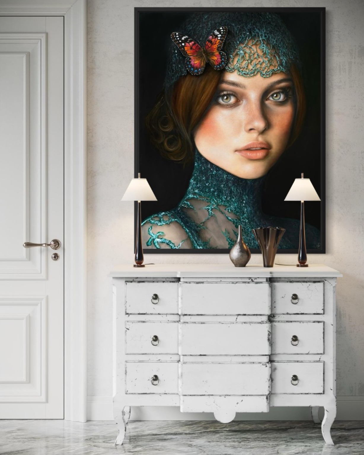 Annabelle — portrait with teal lace headpiece and monarch butterfly