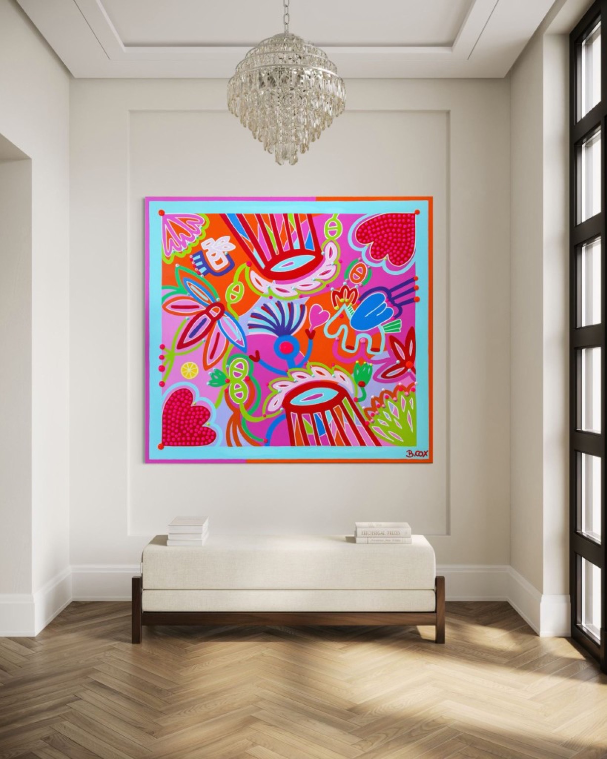 Barbara Cox painting in an elegant gallery interior