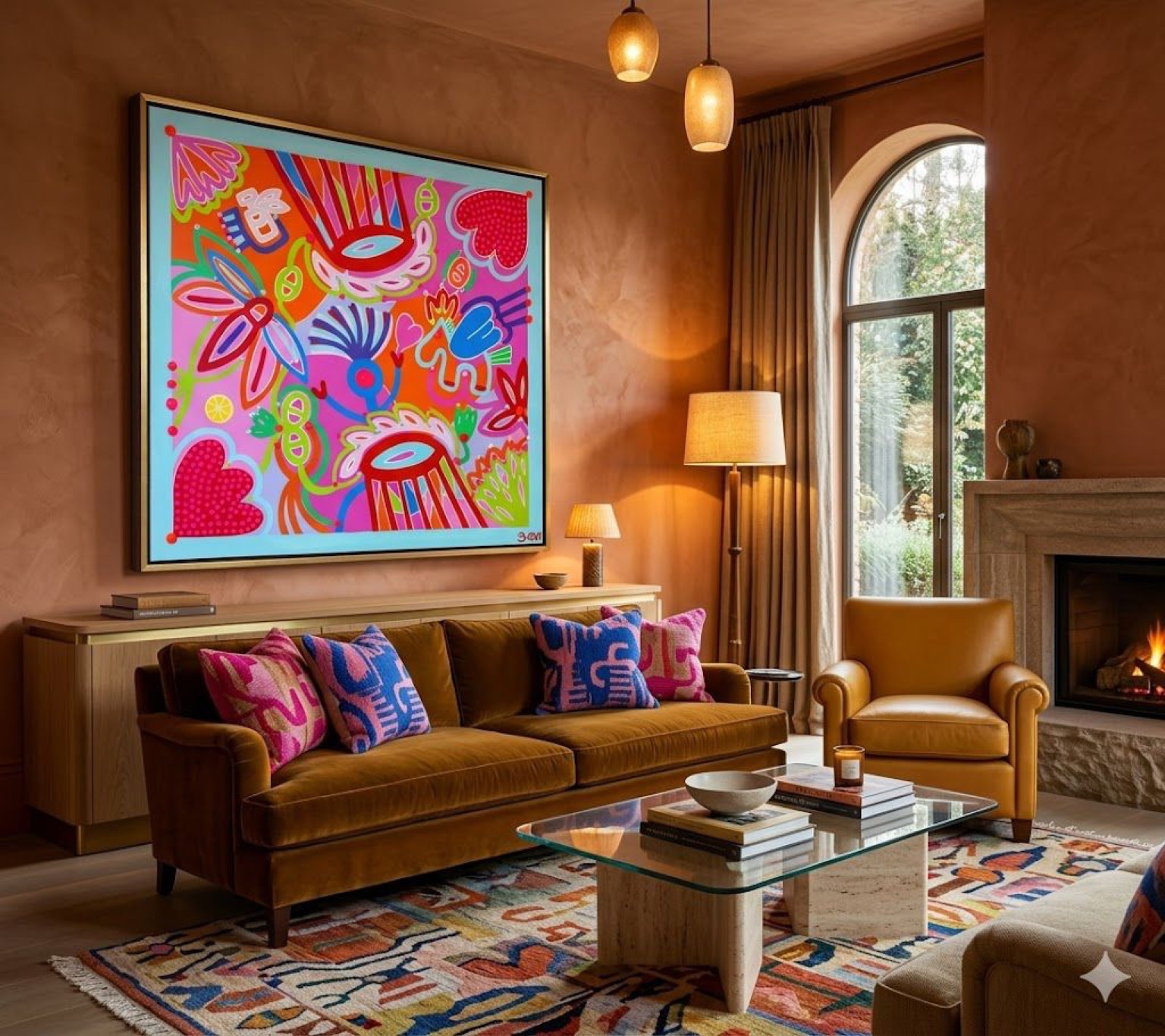 Barbara Cox painting in a warm contemporary living room