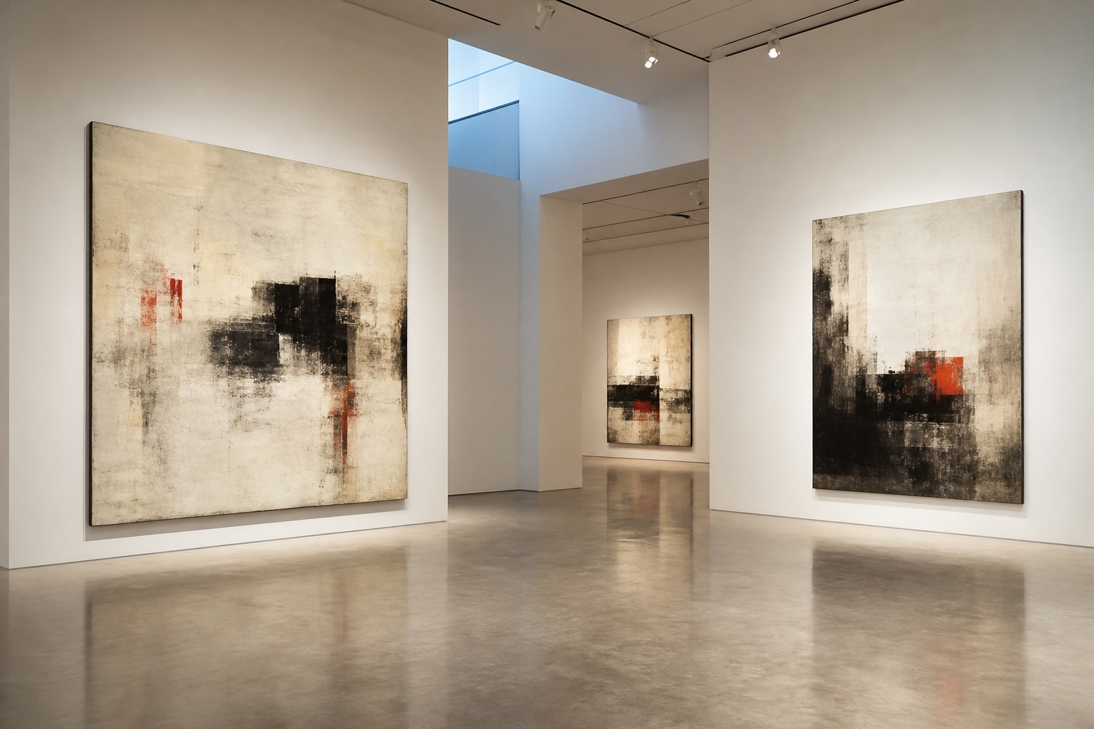 Large abstract paintings installed on white walls in Never Give Up Gallery