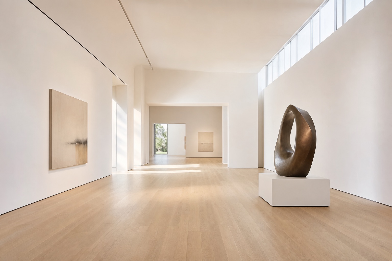 Airy architectural interior of Never Give Up Gallery with natural light and a sculpture
