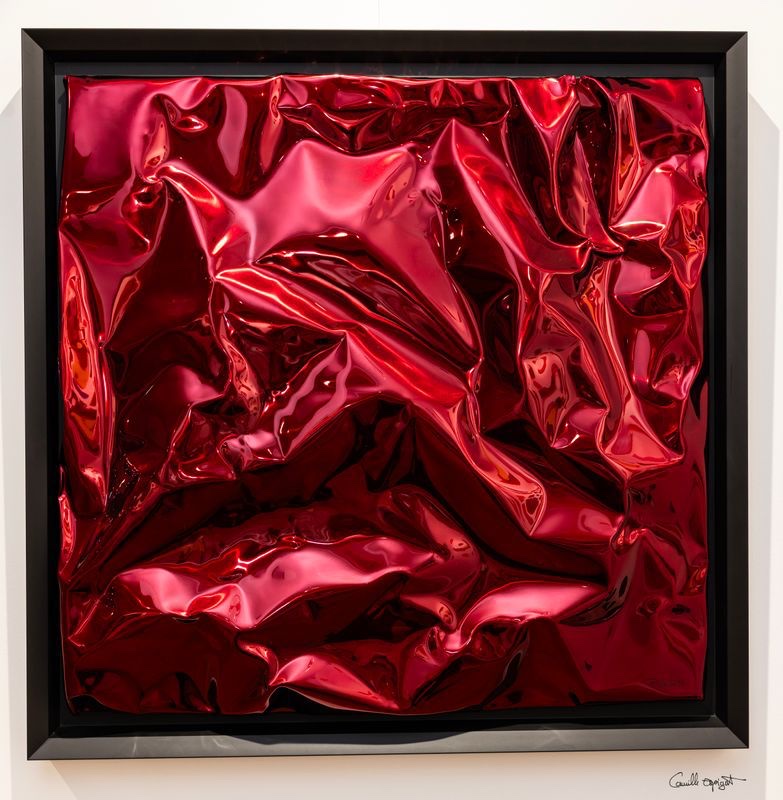 Philippe Gauberti — ruby-red crumpled stainless steel wall sculpture in black frame
