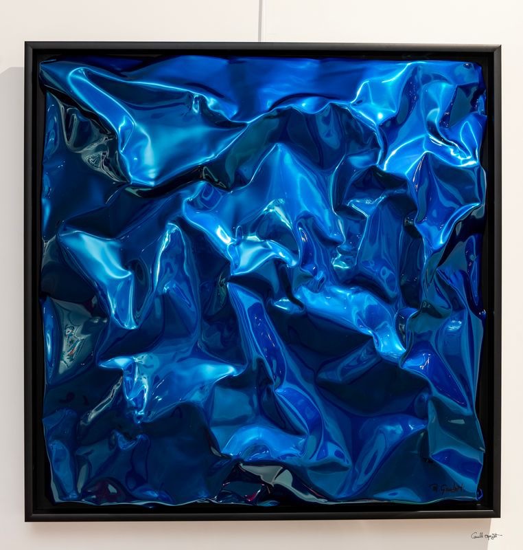 Philippe Gauberti — electric blue crumpled inox wall sculpture in black frame