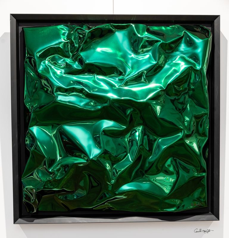 Philippe Gauberti — emerald green crumpled inox wall sculpture in black frame
