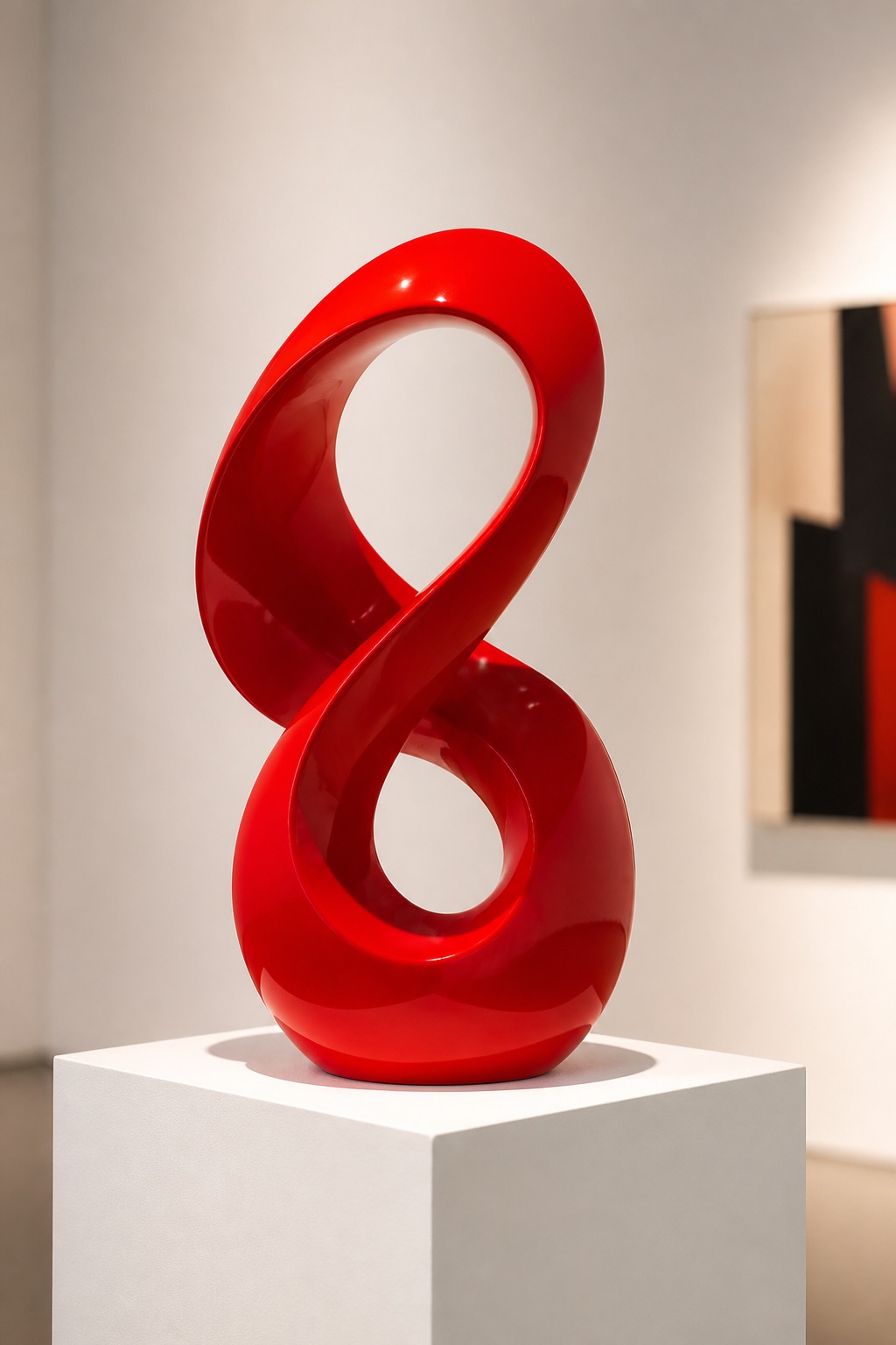 A glossy vermilion-red contemporary sculpture on a white plinth in the gallery