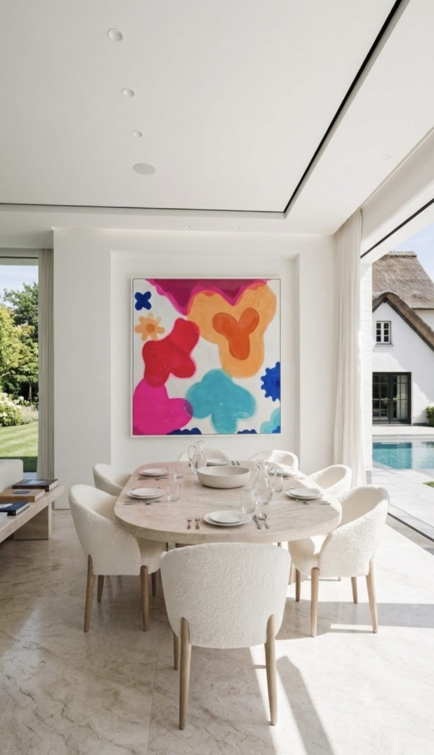 Valérie Parmentier colourful resin painting in a dining room with sea view